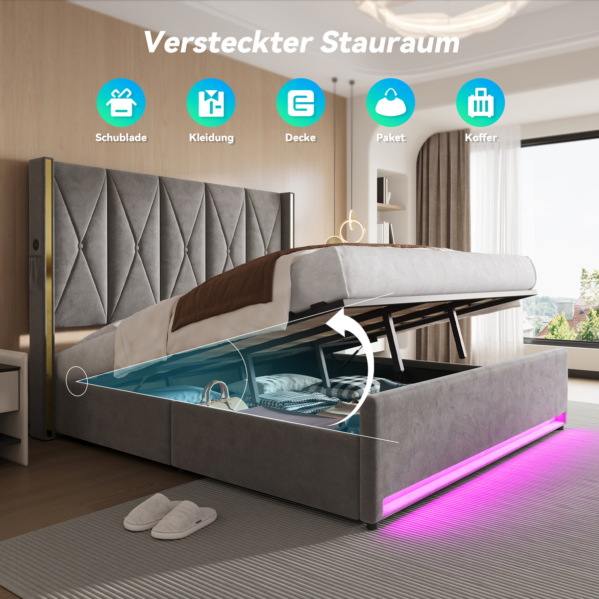 Padded Storage Bed 180x200cm with LED & USB, Velour