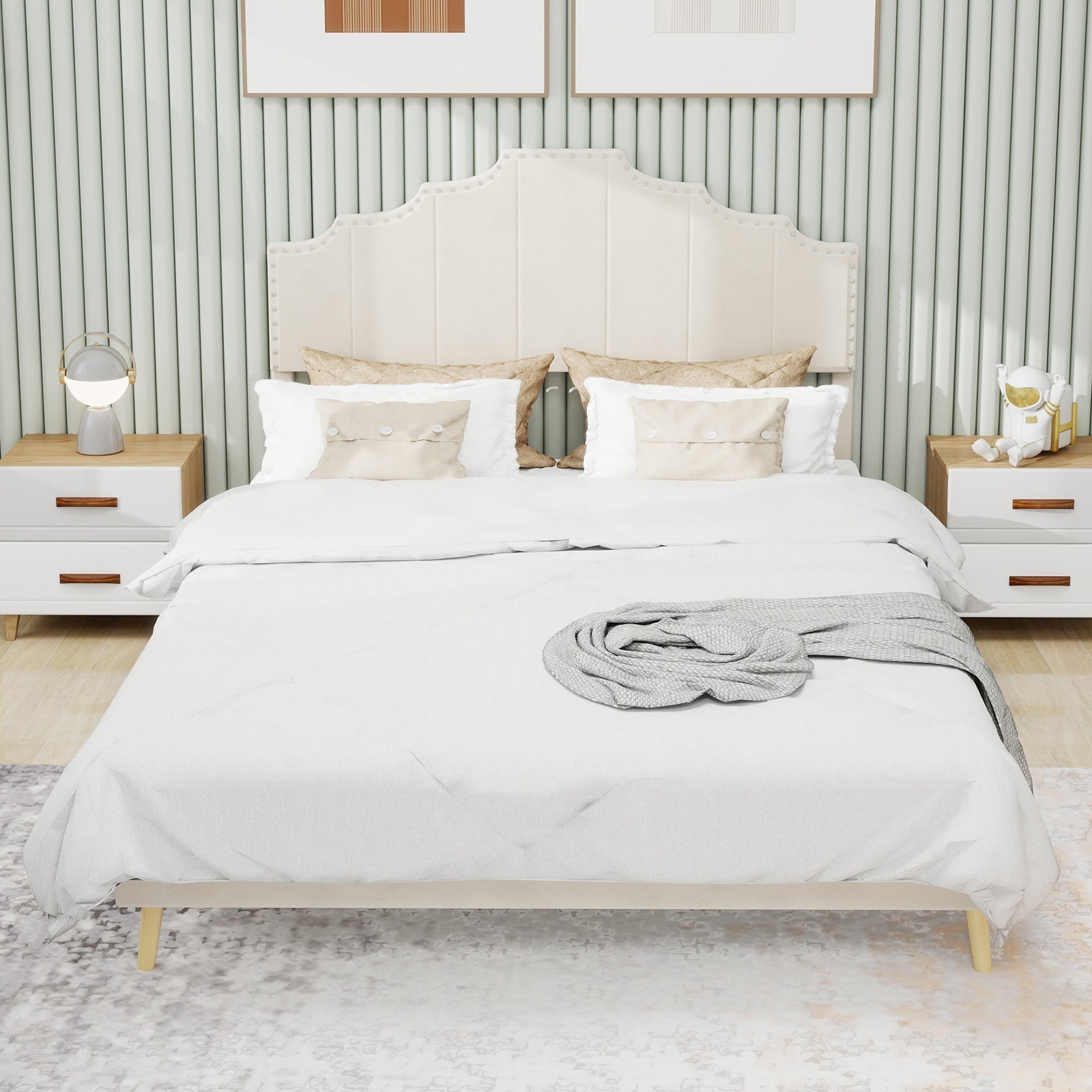 Modern Soft Bed 160x200cm Comfortable Headboard - Beige