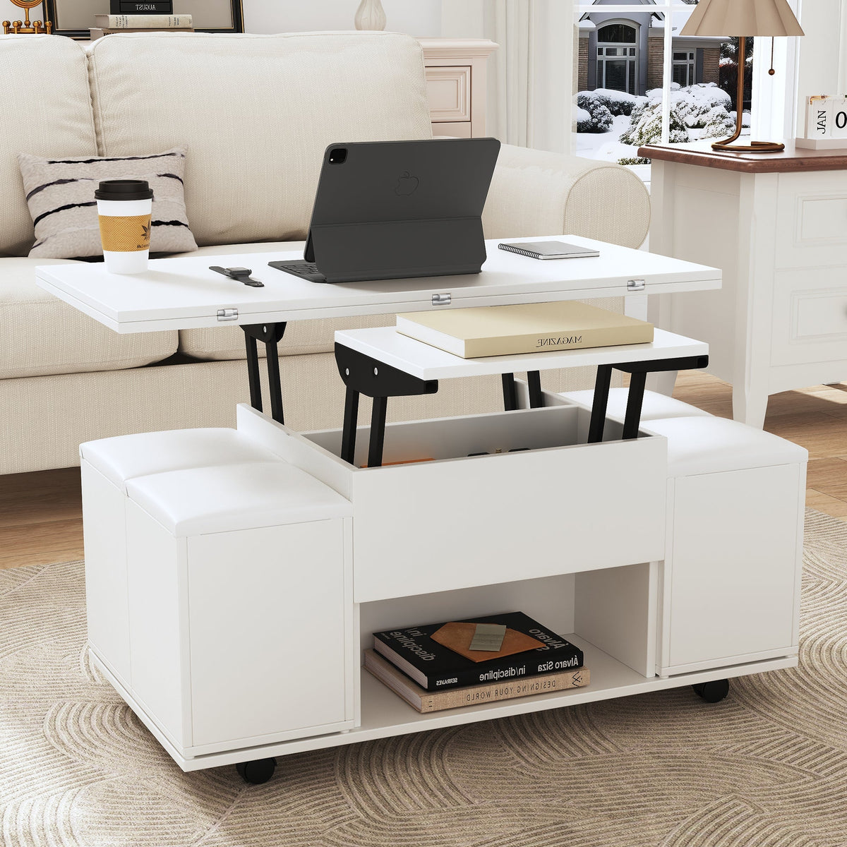 Liftable Coffee Table, Multifunctional with 2 Opening Tabletops, White