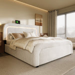 Bed Frame, USB-C Charging, LED, 4 Drawers, 140x200cm, Adjustable Headboard, Wooden Slats, Sherpa White