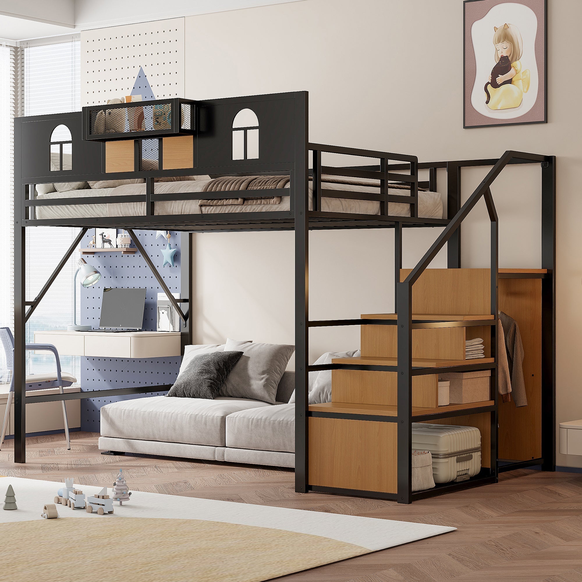 Metal Loft Bed with Storage Ladder & Desk, 140x200cm, Black