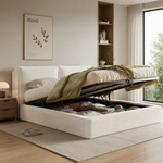 Upholstered Double Bed 180x200cm Hydraulic Storage, Beige Bouclé