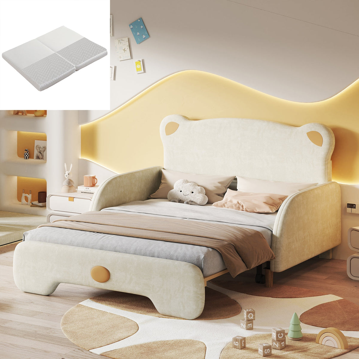 Bear-shaped Double Bed, Upholstered Children's Day Pull-out, Velvet Beige with White Sponge Mattress