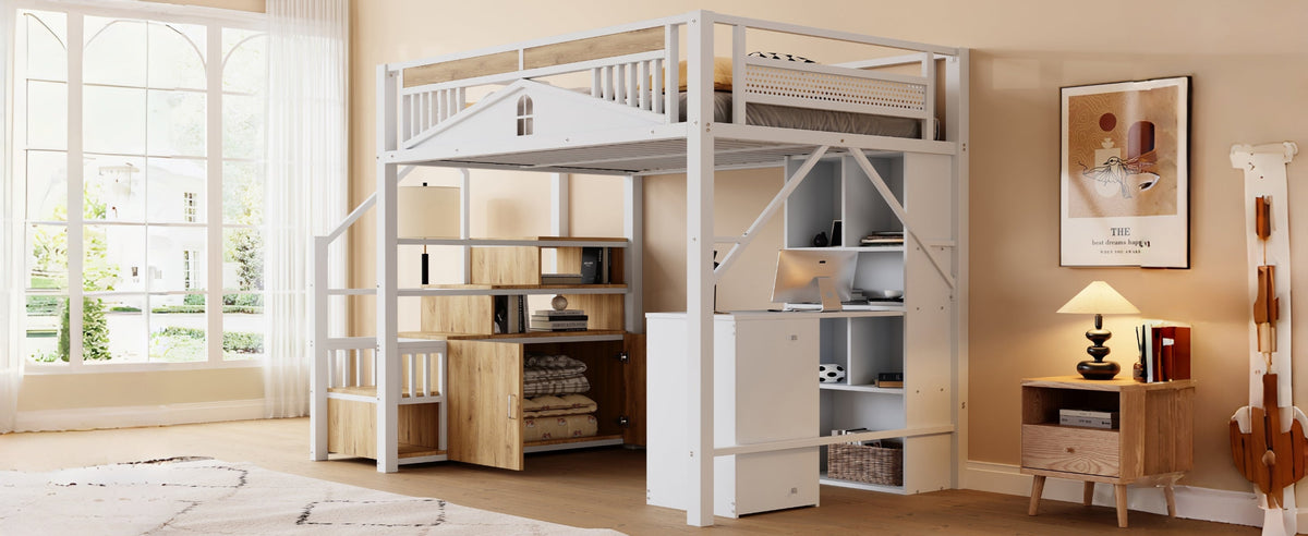 Metal Loft Bed 140x200cm Safety Enclosure with Window & Ladder Locker, White