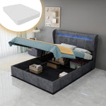 Modern Upholstered Bed with LED & Storage, 140x200 cm, Grey