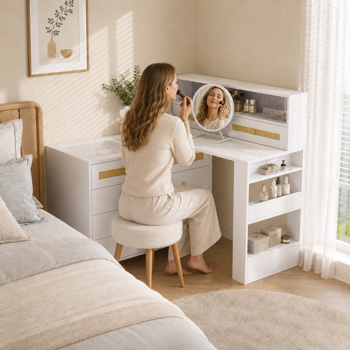 Dressing Table with Jewelry Cabinet & 10 Drawers, White
