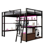Metal Gaming Loft Bed with Integrated Workspace, LED Lighting and Storage, 140x200cm, Black