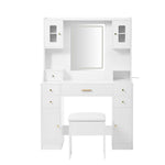Dressing table with adjustable LED lighting, power outlets, mirror, 6 drawers, 4 doors, white