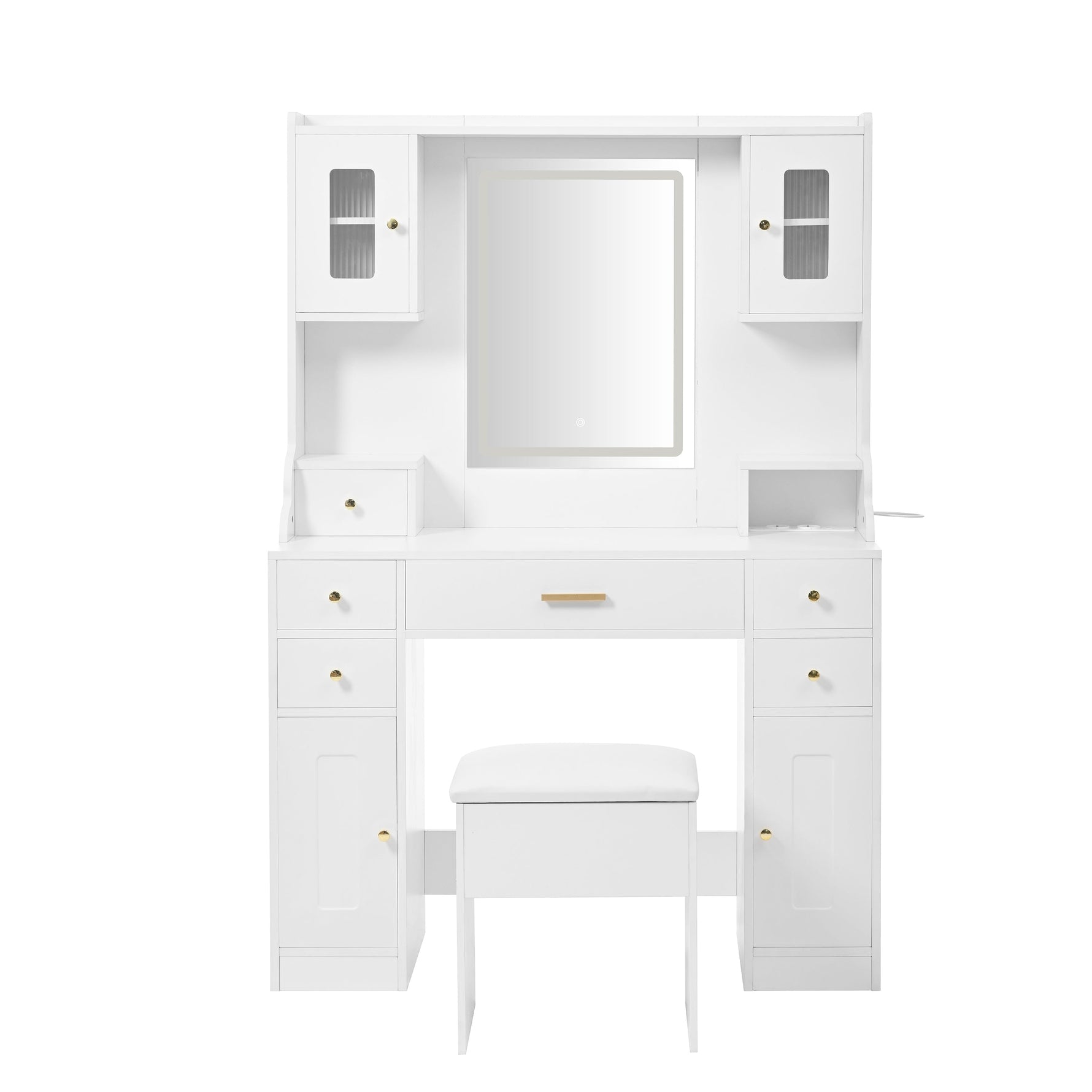 Dressing table with adjustable LED lighting, power outlets, mirror, 6 drawers, 4 doors, white