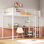Metal Loft Bed with Safety Ladder, Table & Shelves, White