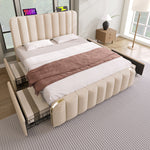 Upholstered Bed 140x200cm with 4 Drawers & USB, Beige Linen