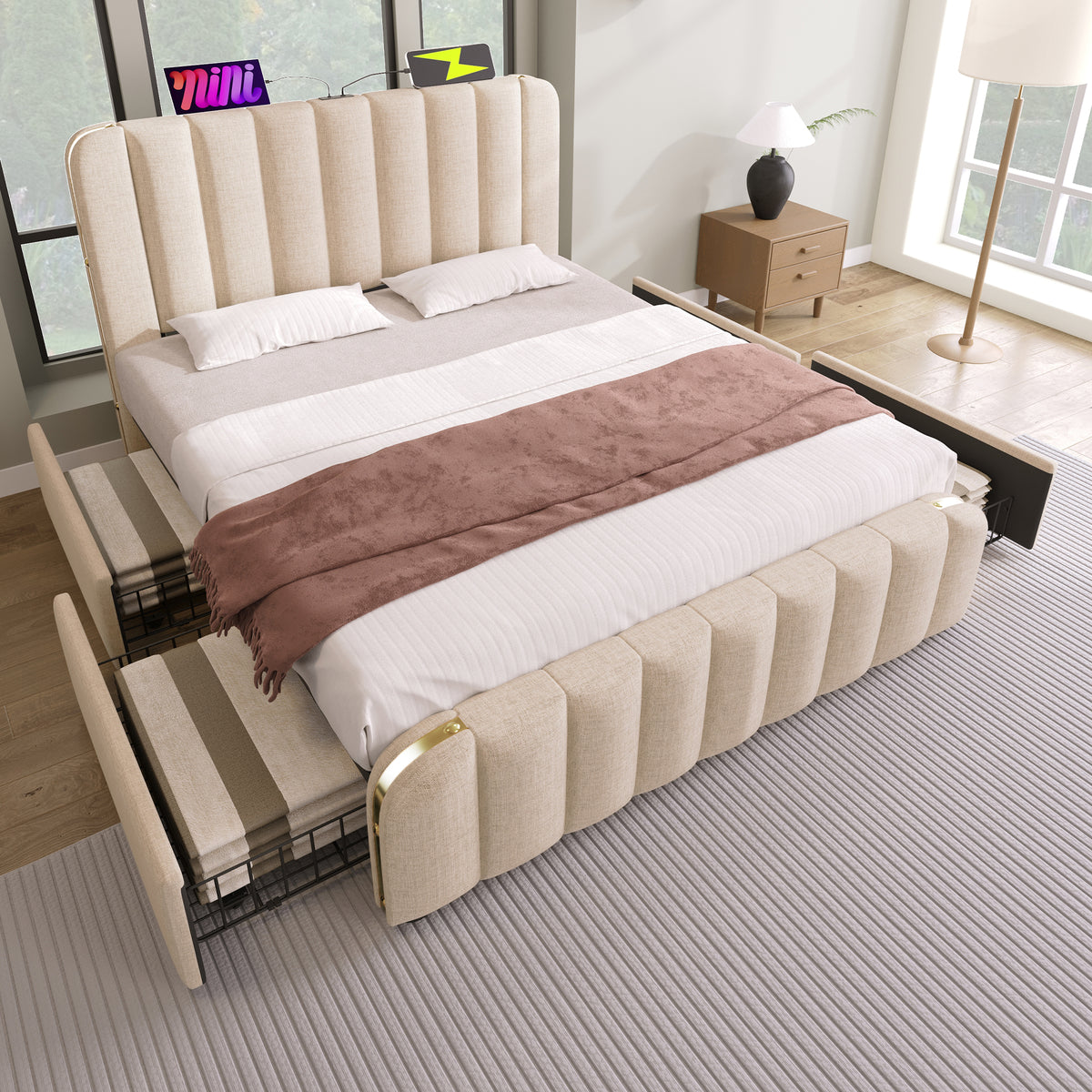 Upholstered Bed 140x200cm with 4 Drawers & USB, Beige Linen