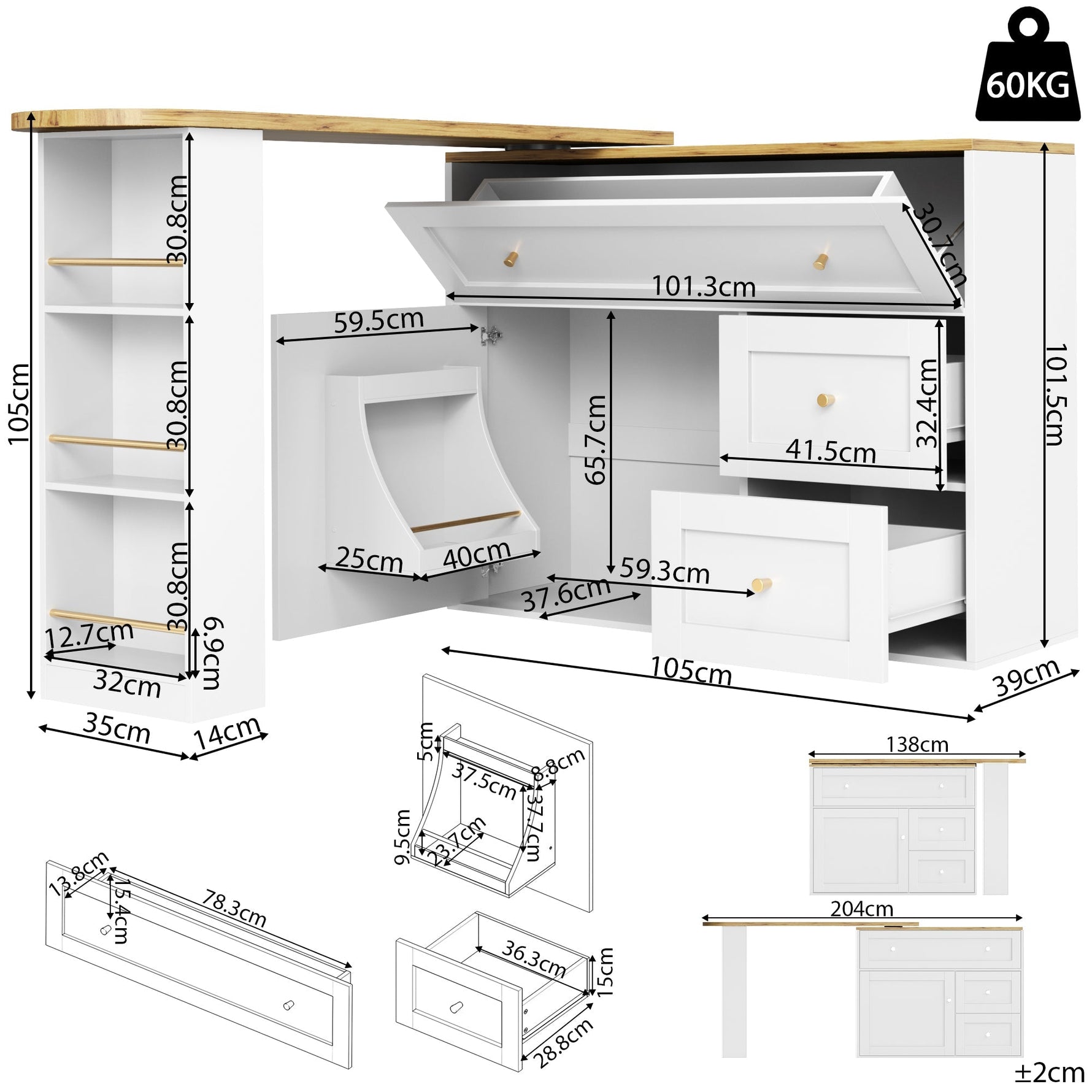 Extendable Bar Table Telescopic Storage Snack Shelf 138-204cm - White