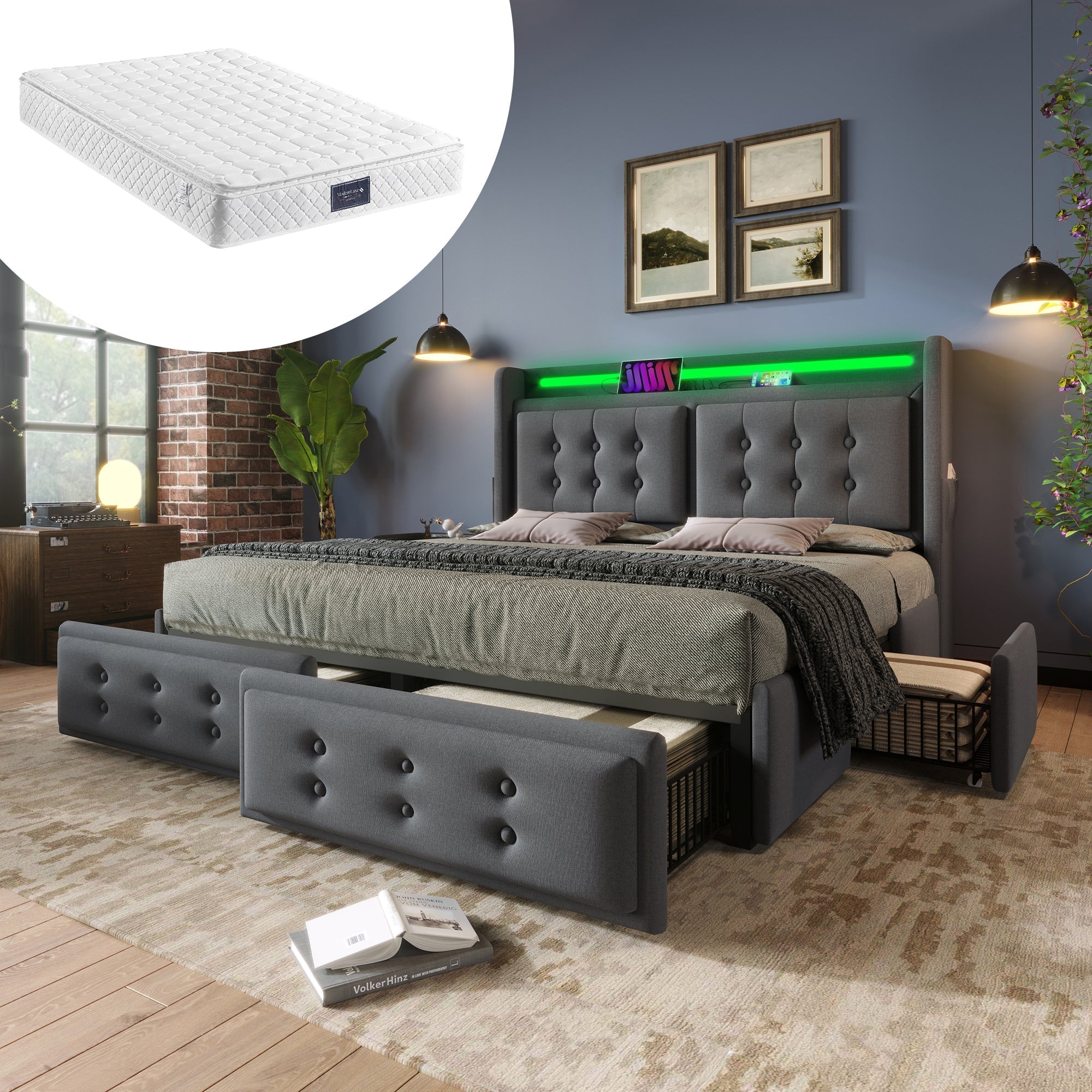 Upholstered Bed 140x200, LED Headboard with USB-C, 4 Storage Drawers, Gray Cotton