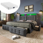 Upholstered Bed 140x200, LED Headboard with USB-C, 4 Storage Drawers, Gray Cotton
