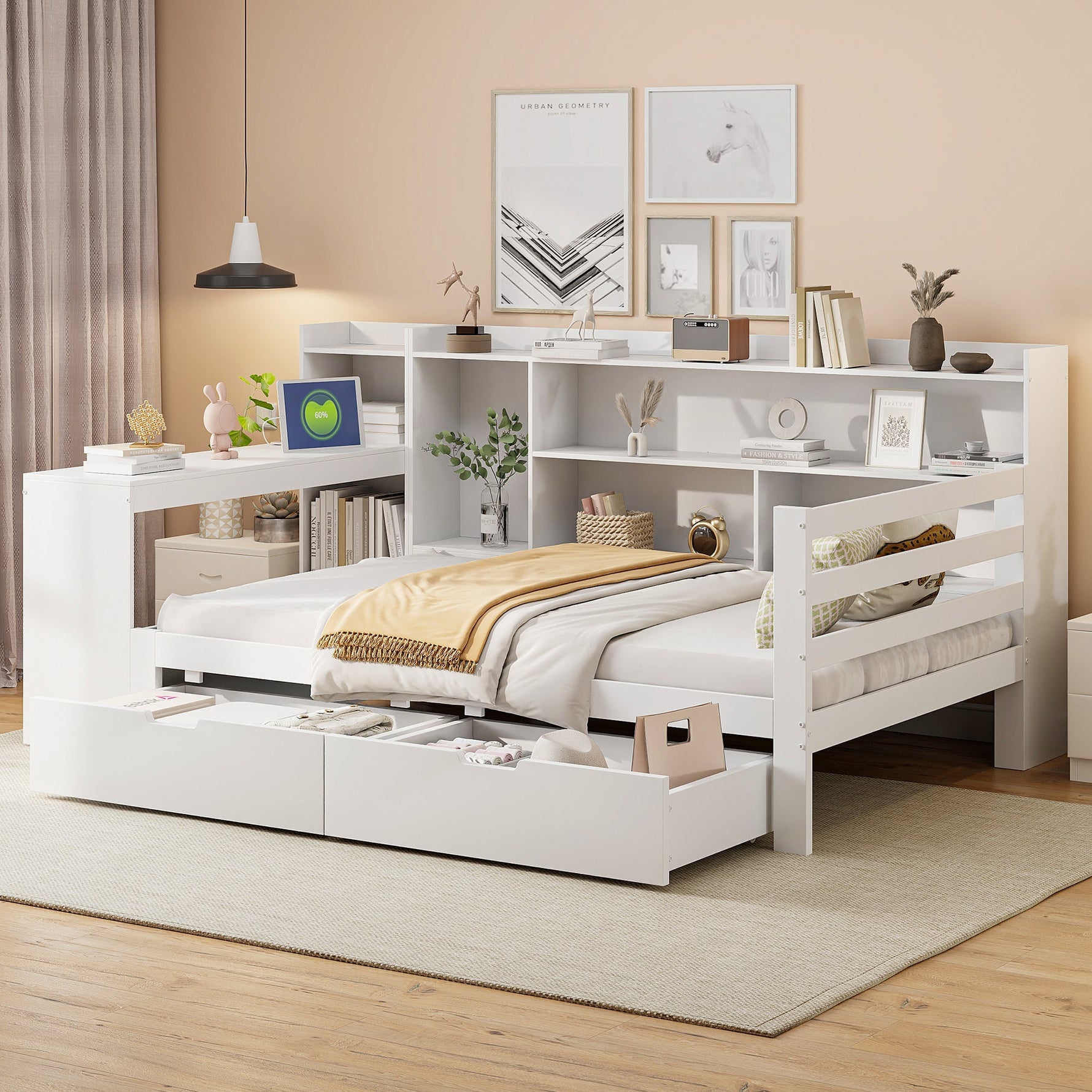 Solid Wood Sofa Bed with Desk, Bookshelf, Storage, Power Outlet - White
