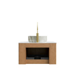 61cm Wall-Mounted Bathroom Vanity Unit with Ceramic Basin and Carrara White Top, Natural Wood Grain