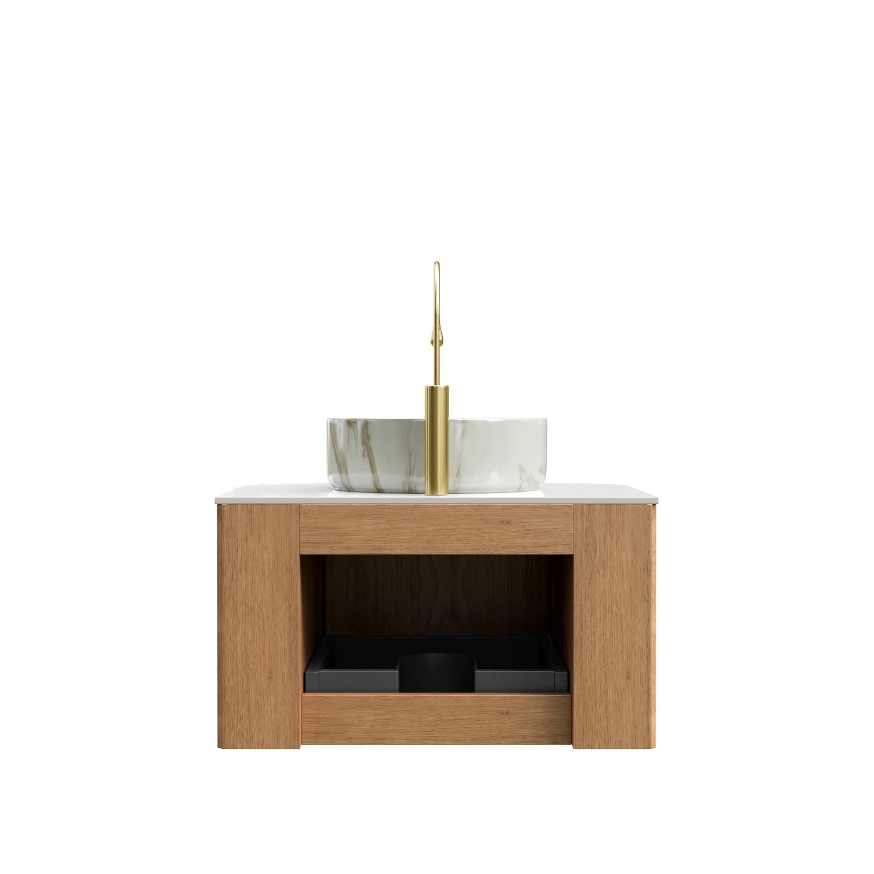 61cm Wall-Mounted Bathroom Vanity Unit with Ceramic Basin and Carrara White Top, Natural Wood Grain