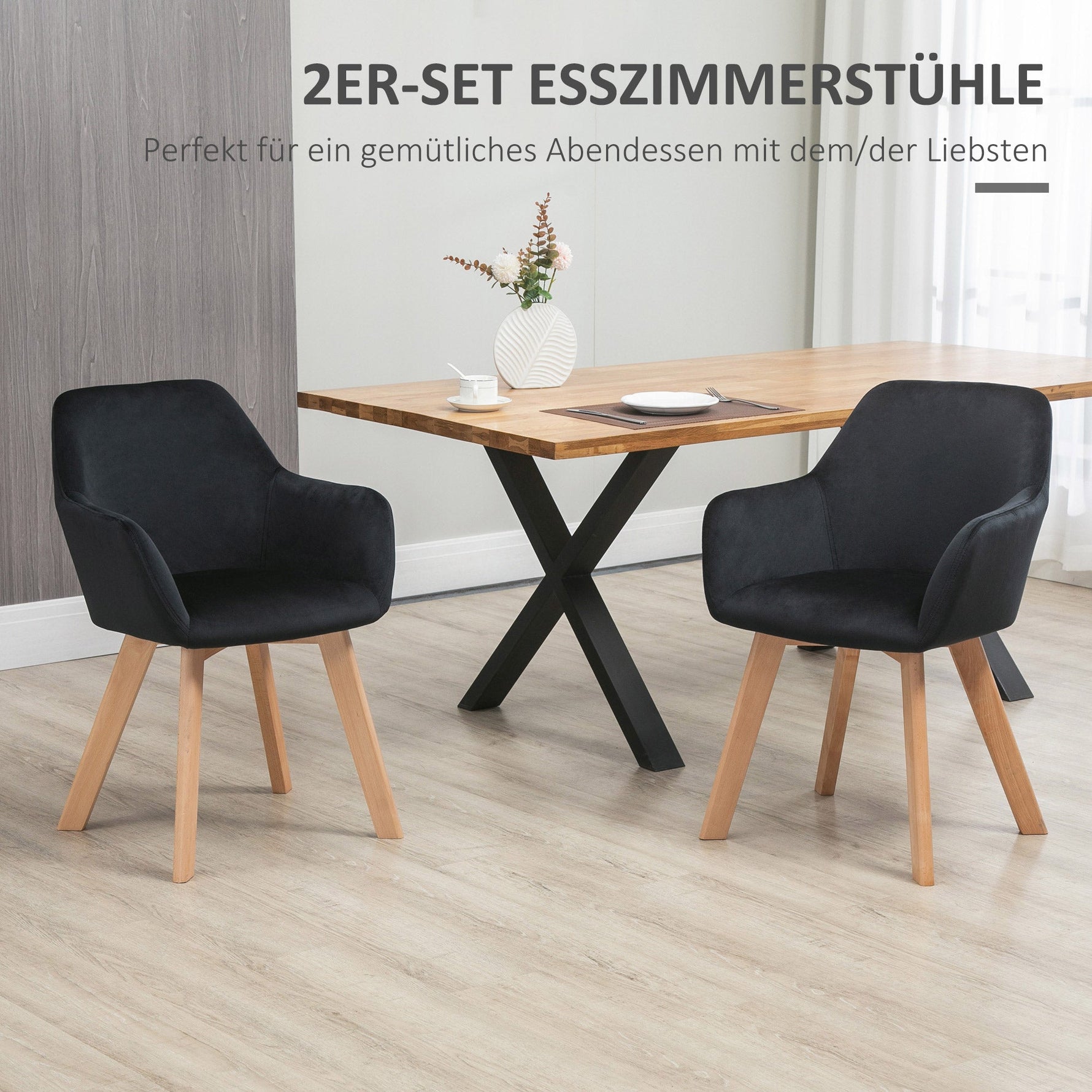 Kitchen Chairs, Set of 2 Ergonomic with Armrests, Polyester Wood, Black
