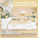 Wooden Flatbed Double Bed with Desk, Trundle and Shelves, White Pine and Chipboard