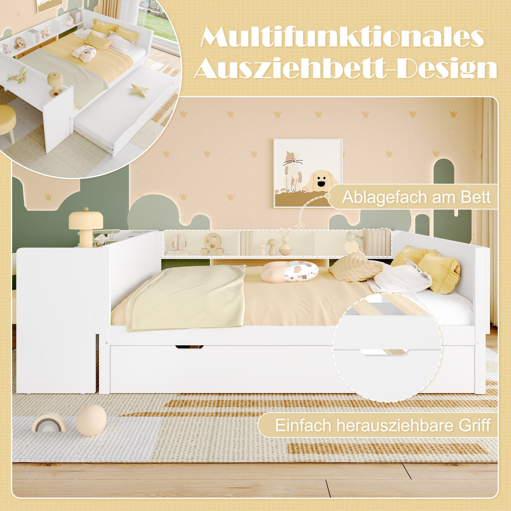 Wooden Flatbed Double Bed with Desk, Trundle and Shelves, White Pine and Chipboard