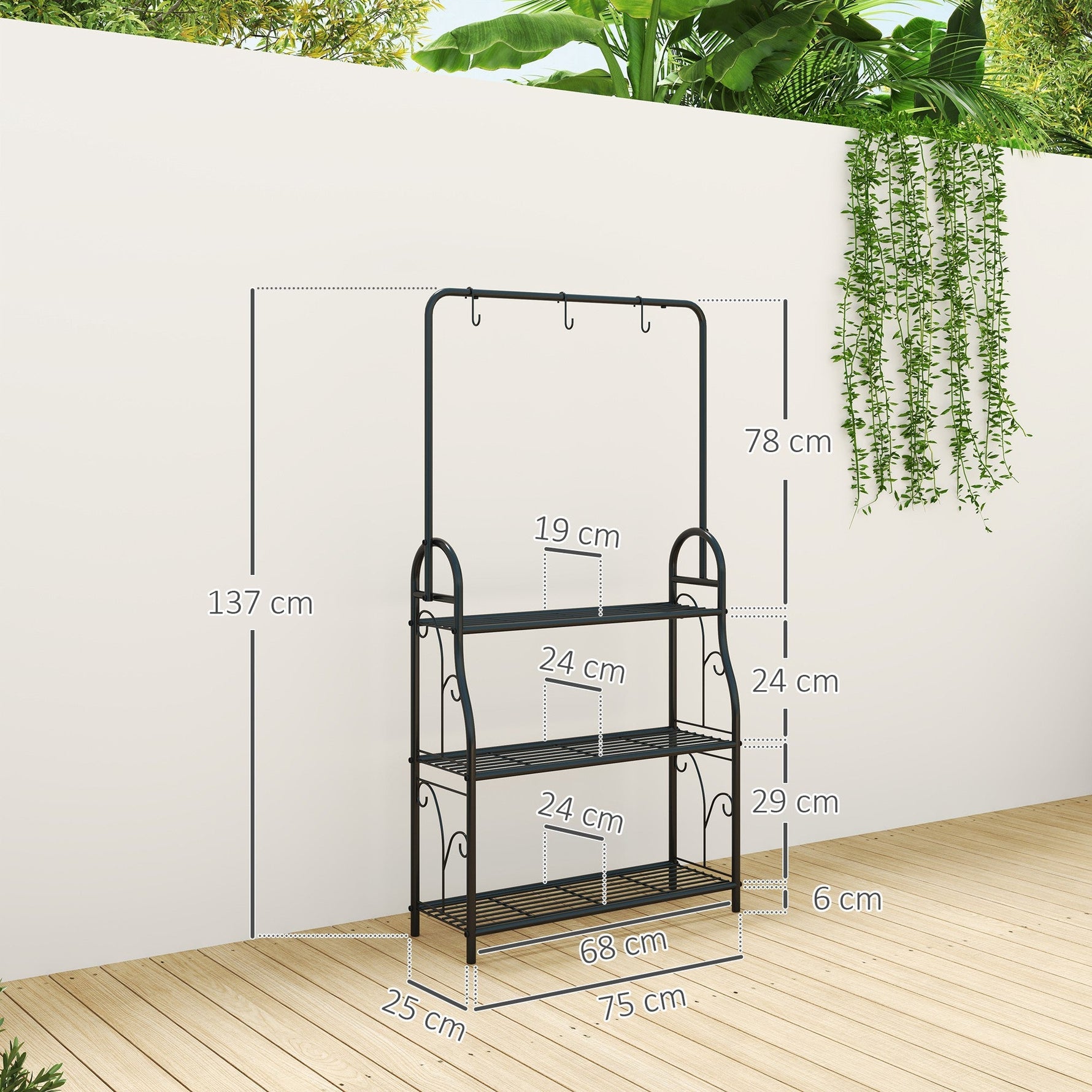 3-Tier Plant Stand, Hanging Rod Hooks 137cm High, Metal Black