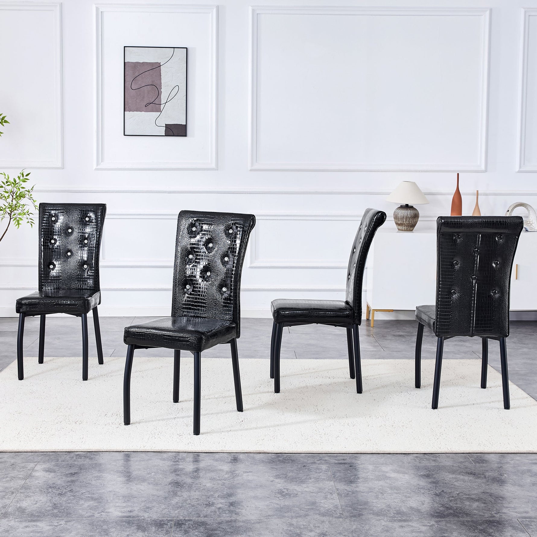2 Dining Chairs Vintage Crocodile Faux Leather Crystal Clasp - Black