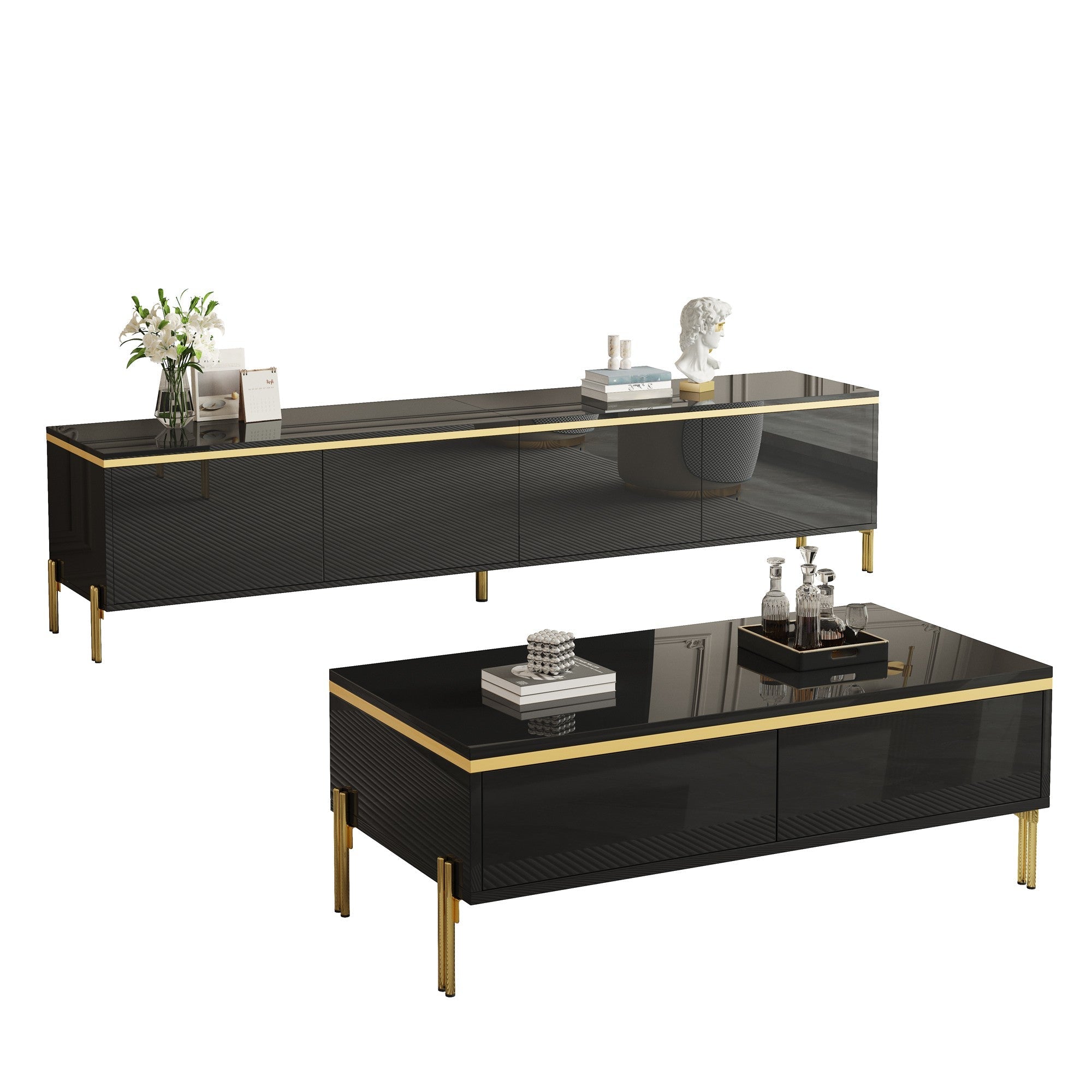 Modern Luxury TV Cabinet & Coffee Table Set - High-Gloss Gold Edges Storage