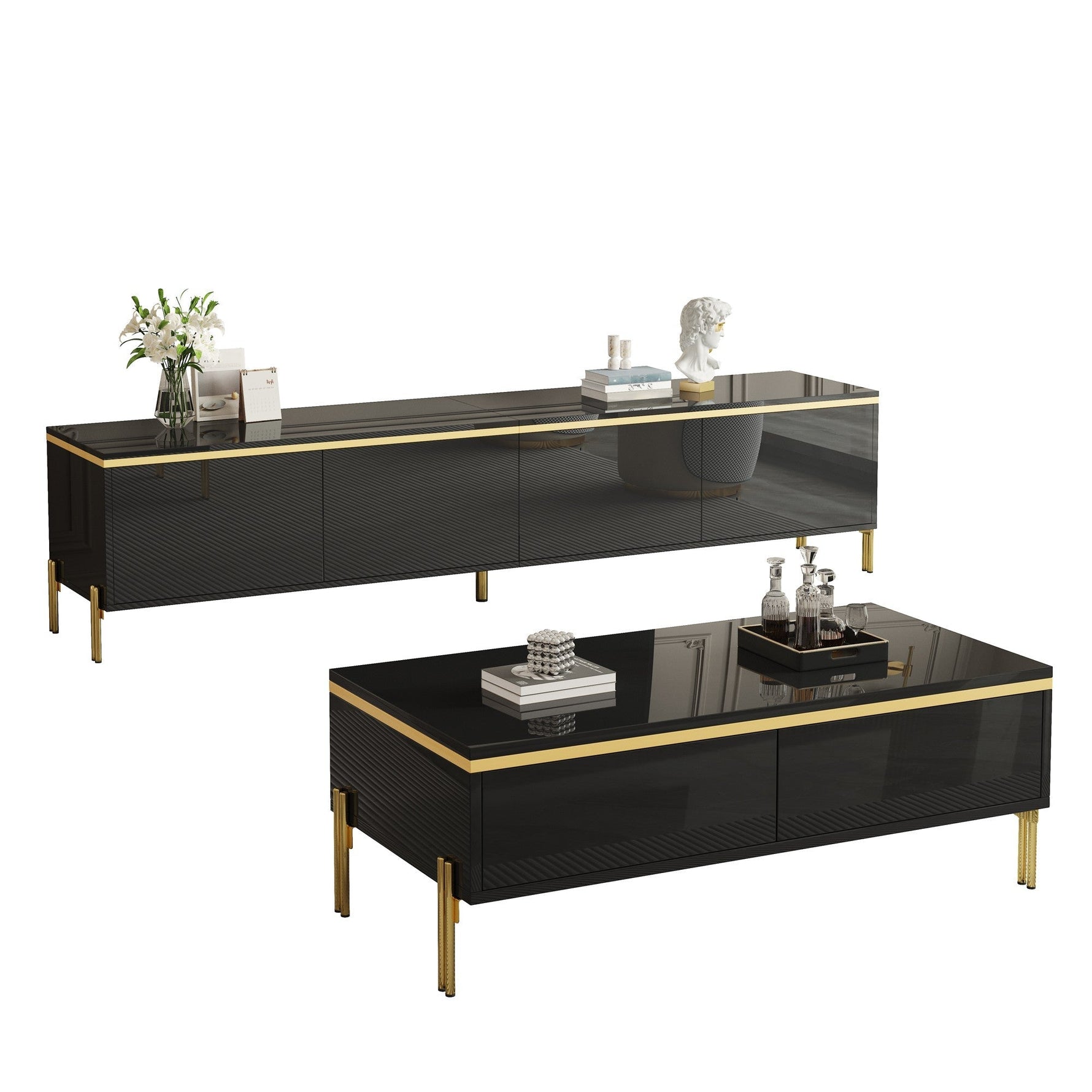 Modern Luxury TV Cabinet & Coffee Table Set - High-Gloss Gold Edges Storage