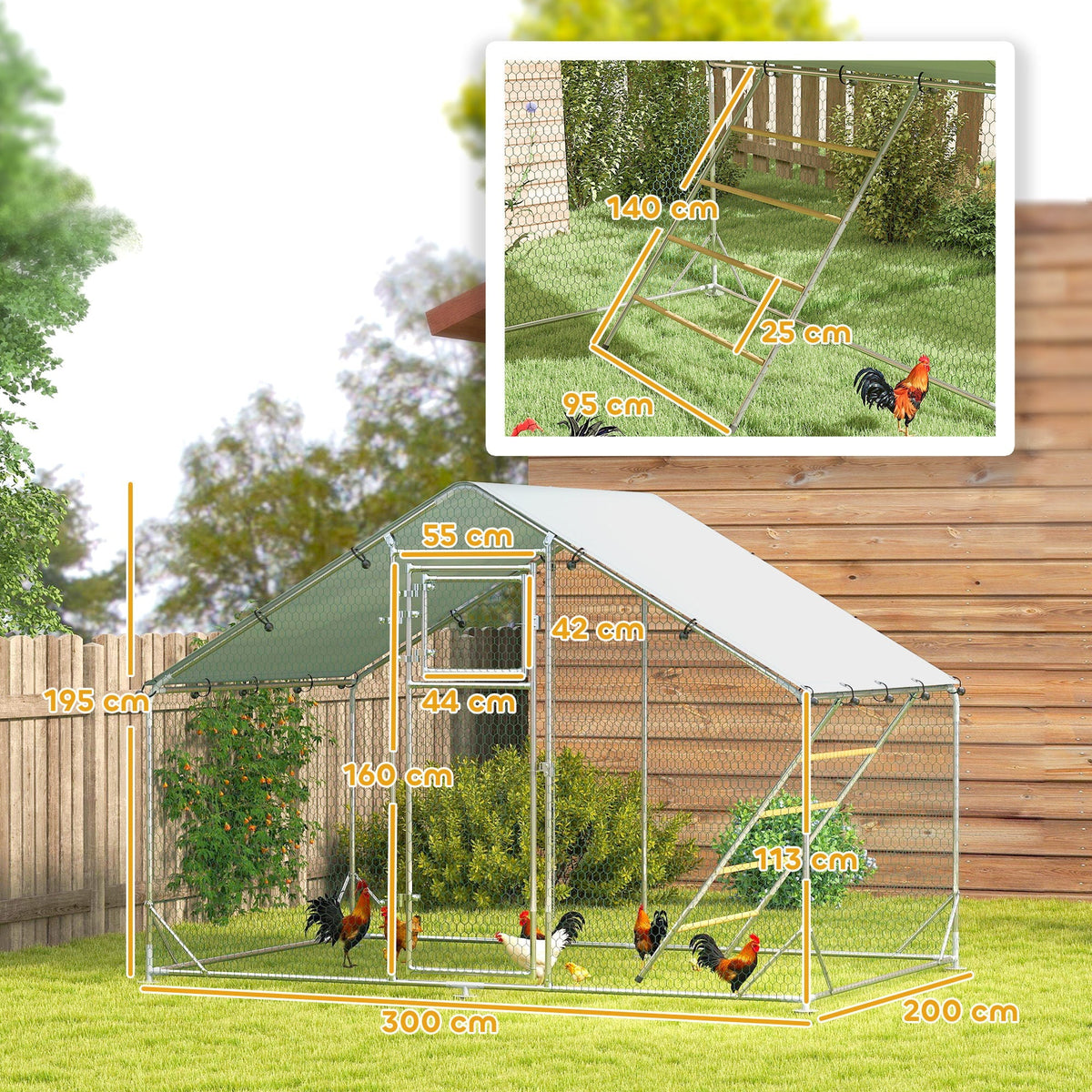Chicken Coop Free-Range Enclosure, 300 x 200 x 195 cm, Steel, Silver