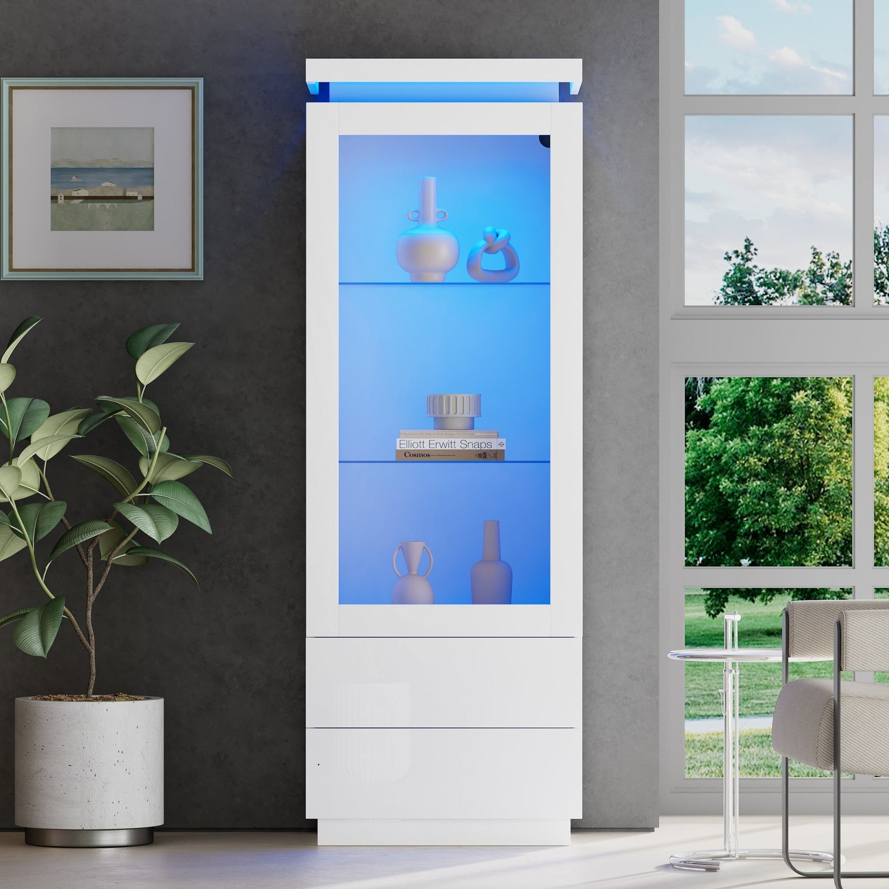 Display Cabinet 60x40x171cm Tall Glass LED 2 Drawers, High-Gloss White