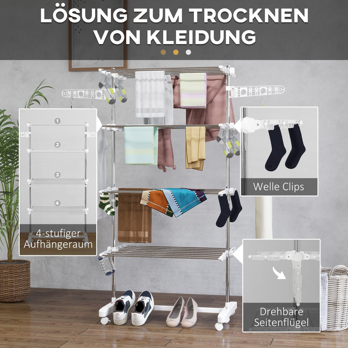 Mobile Clothes Airer, Foldable 4 Levels with Wheels, White ABS