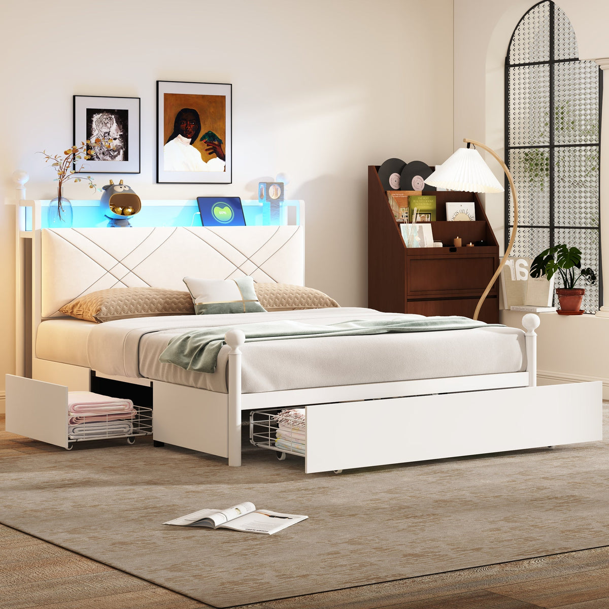 Multifunctional Double Bed with Iron Canopy, LED, USB and 3 Drawers, 140x190cm, White