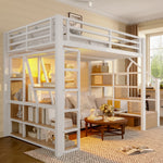 Loft Bed 140x200cm with LED & Storage, White Iron Frame