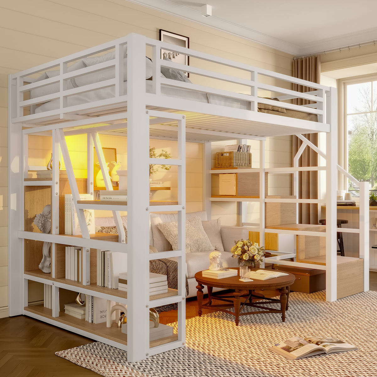 Loft Bed 140x200cm with LED & Storage, White Iron Frame