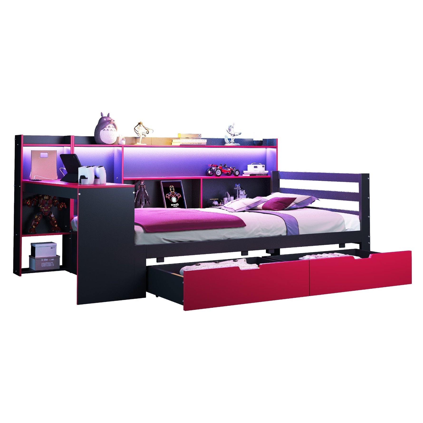 Multifunctional Wooden Sofa Bed with Desk, Bookshelf, Lighting and Sockets, 90x200cm, Black and Red Wood