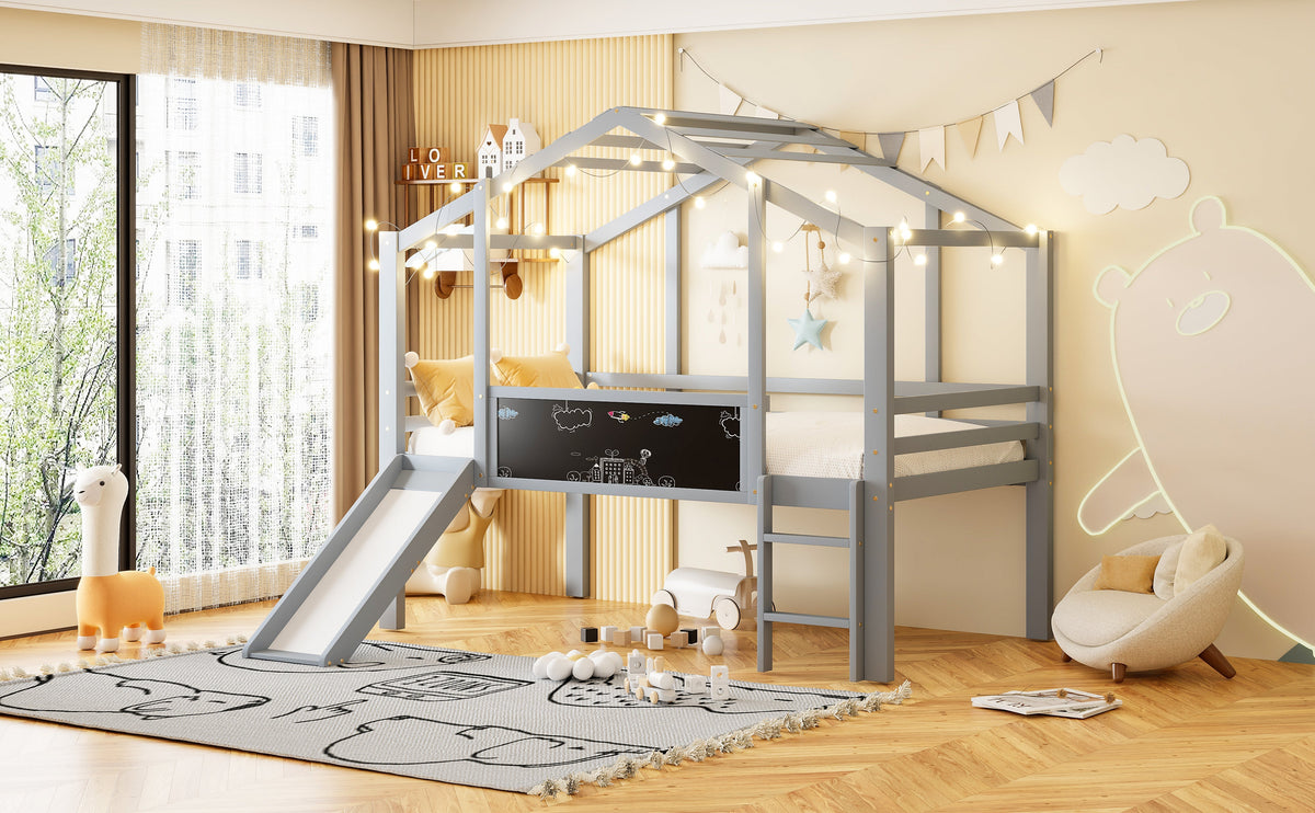 Children's Loft Bed 90x200cm, Slide, Ladder & Graffiti Board, Solid Wood Grey