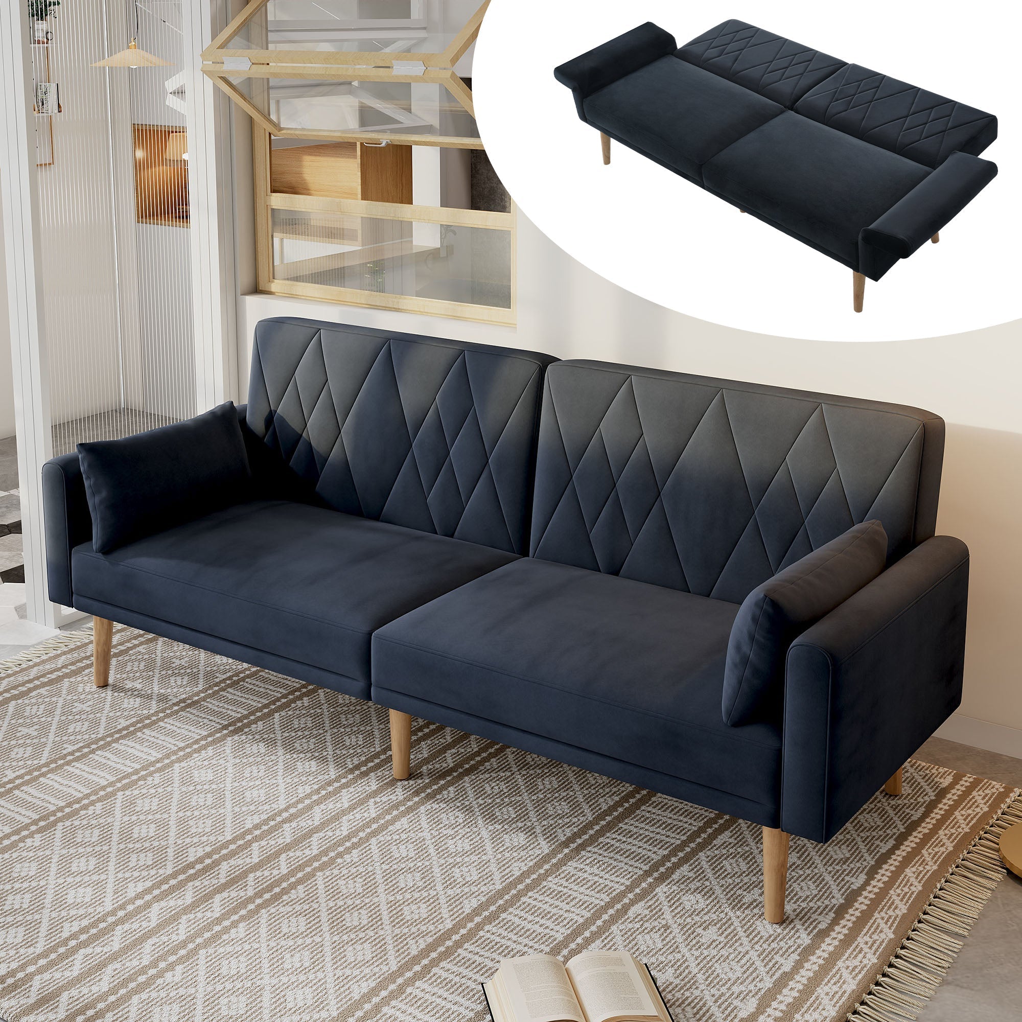 Sofa, Two-Seater Sofa Bed with Sleep Function, Velvet Fabric