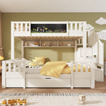 Bunk Bed for 3 Children with Chalkboard, Storage Stairs and Drawers, White Solid Wood