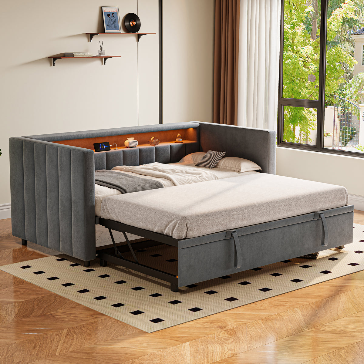 Multifunctional Sofa Bed 90x190cm, Pull-Out & Storage, Gray Velvet