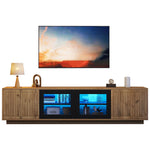 TV Cabinet 180cm for 75 Inch TV, LED Light Strip, Natural Wood & Black Glass