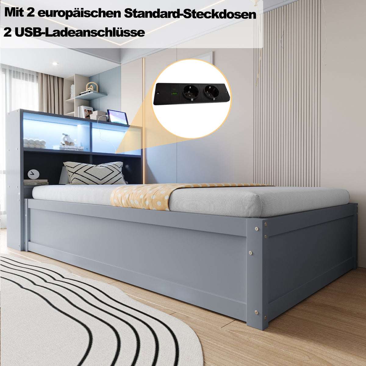 Multifunctional Hydraulic Sofa Bed 90x200 with Storage & LED, Grey
