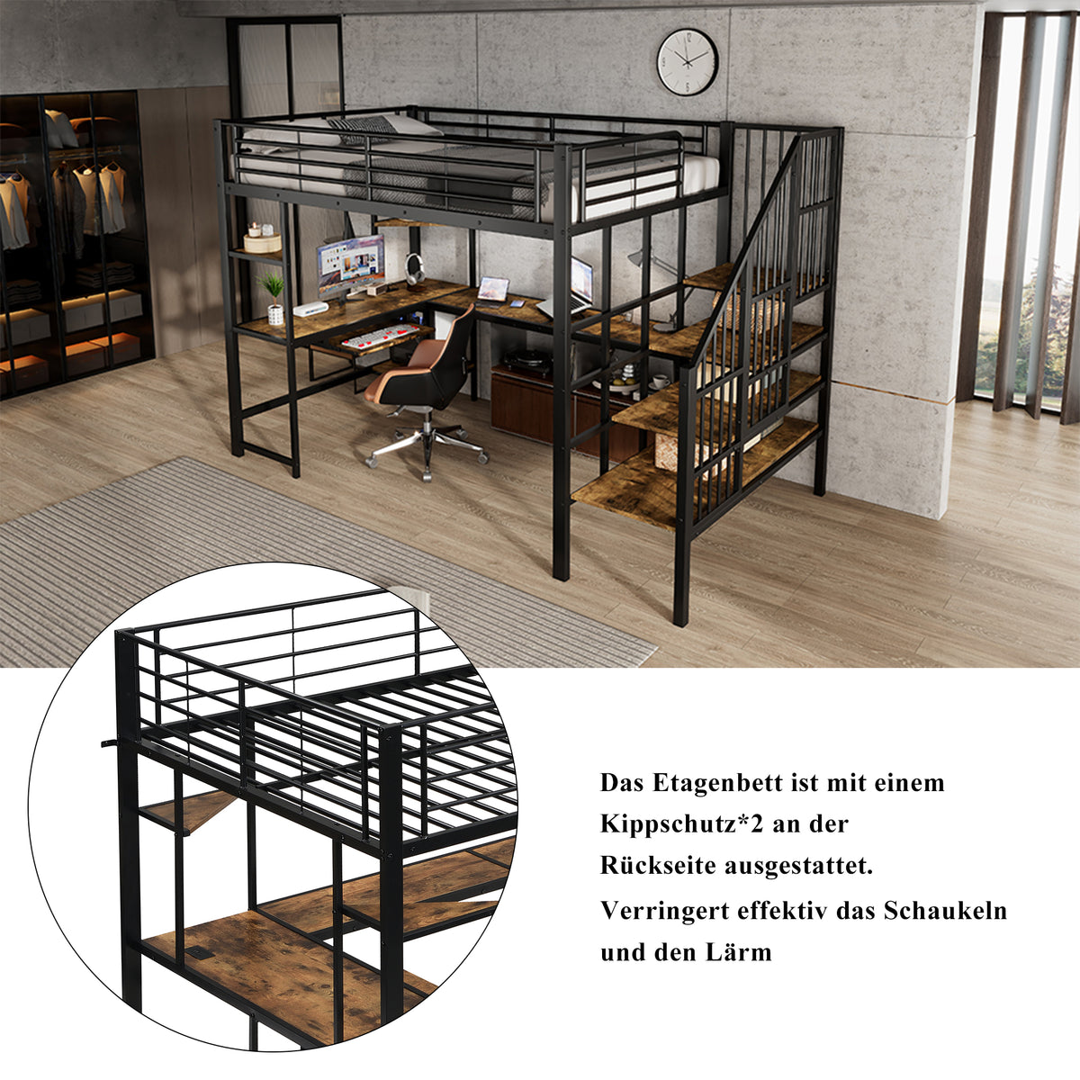 Iron Loft Bed with Desk & Storage, 120x200cm, Black Iron + MDF