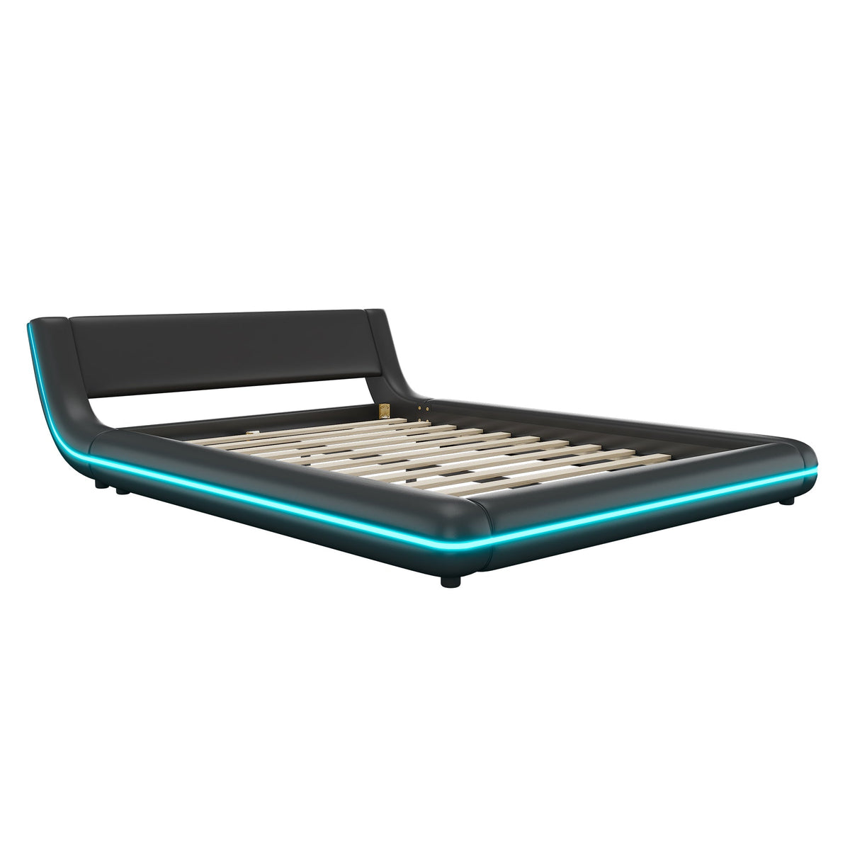 Floor Bed 140x200cm LED Ambient Light - PU Black