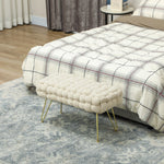 Footstool with Padded Seat, Metal Legs, Cream White Velvet