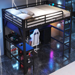 Gaming Loft Bed with Desk, Bookshelf & Wardrobe, Black Metal