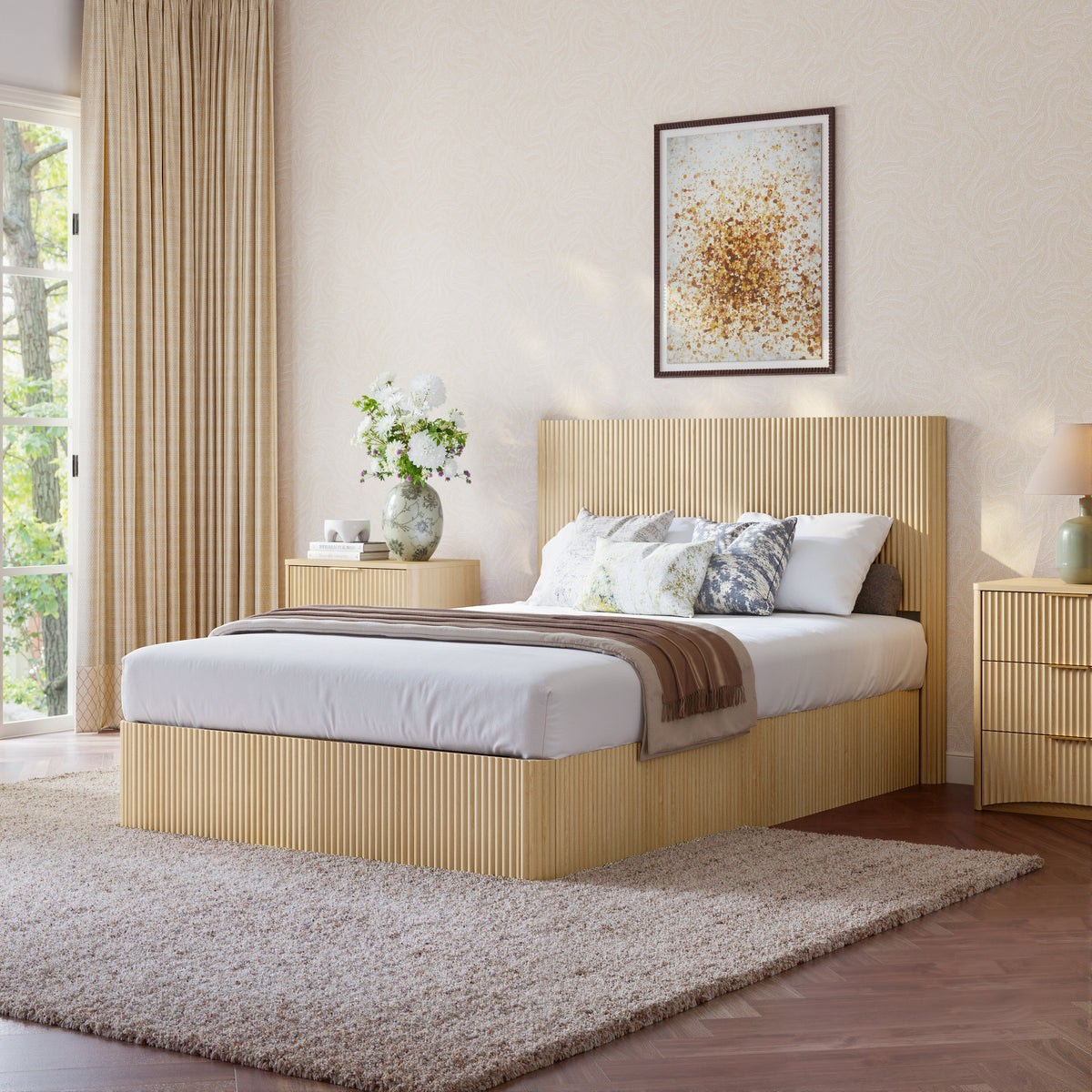 Modern Storage Bed 140x200cm with Hydraulic Lift, Light Oak