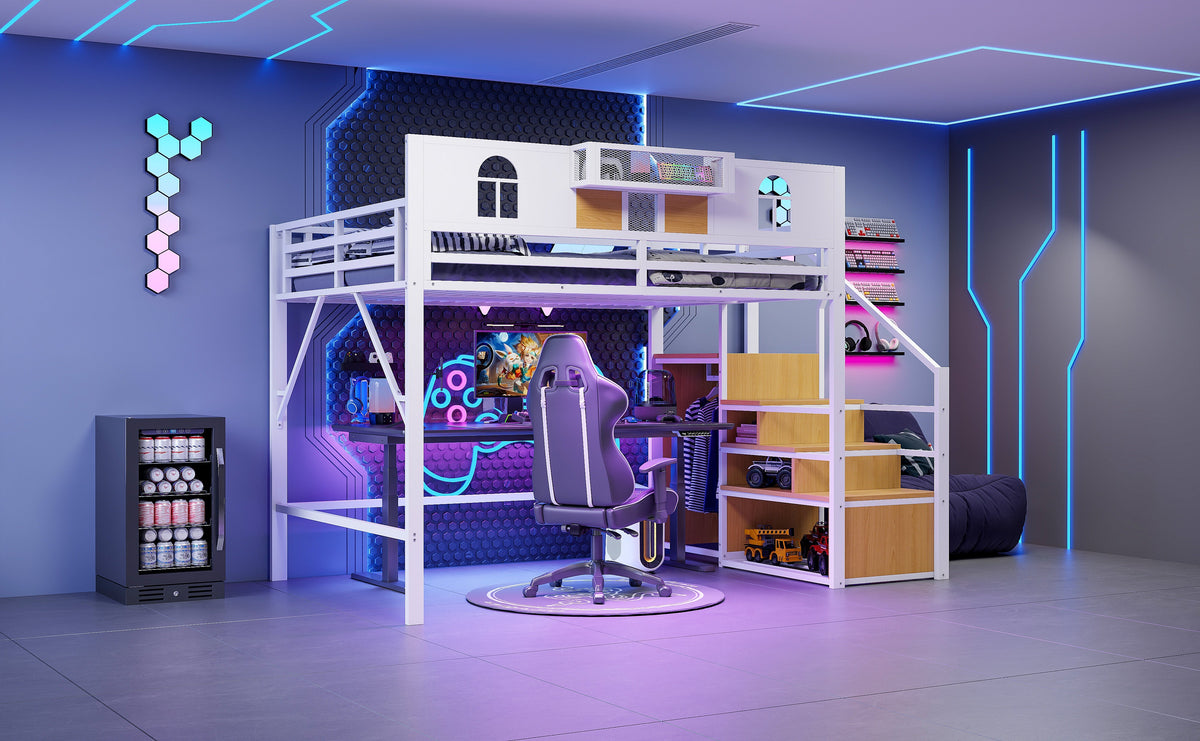 Metal Loft Bed 140x200cm with Storage Ladder & Desk, White Metal Frame