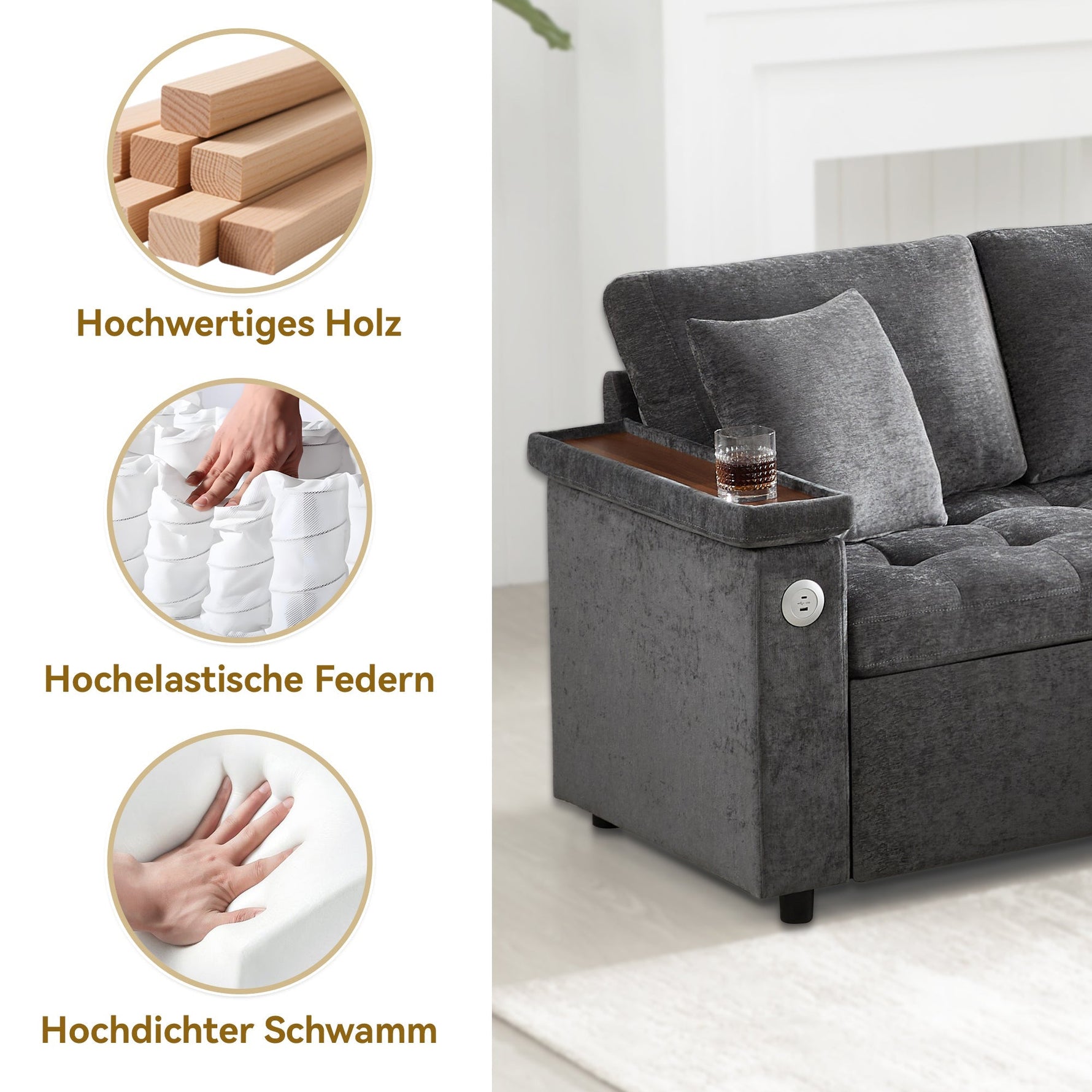 Modern L-shaped Sofa Bed, Pull-out Storage USB Charger Armrest Shelf, Grey