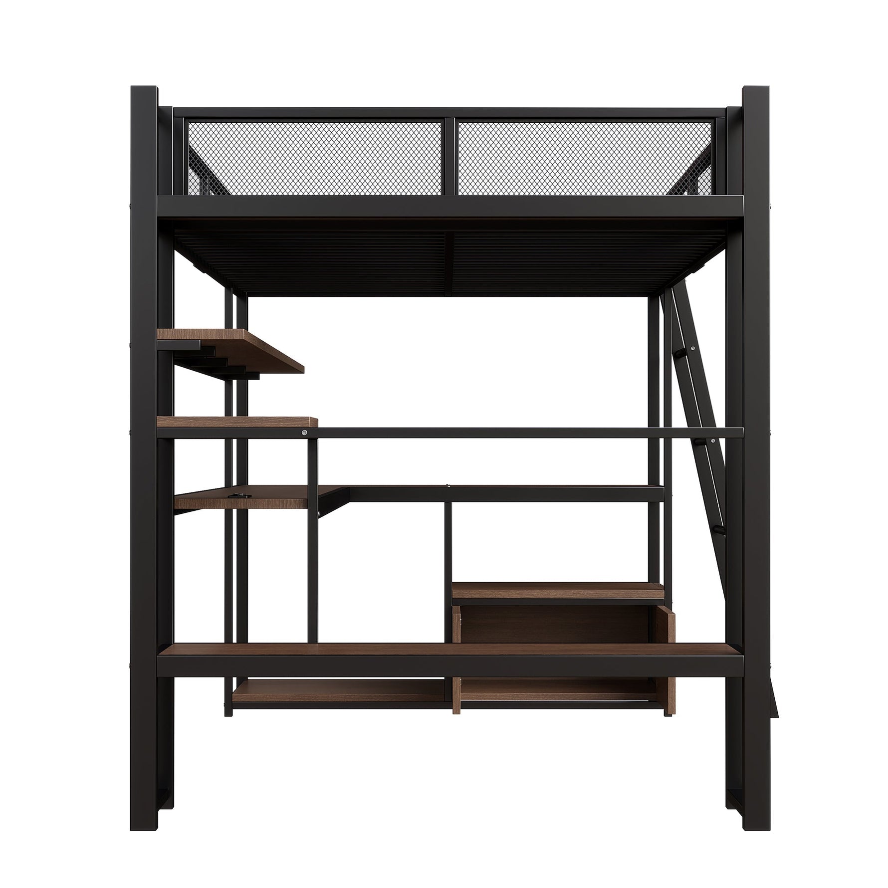 Metal Gaming Loft Bed with Integrated Workspace, LED Lighting and Storage, 140x200cm, Black